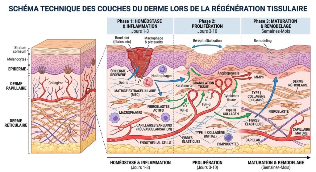 Bouton blanc sur une cicatrice : causes et que faire selon les cas 3 Schéma technique des couches du derme lors de la régénération tissulaire.