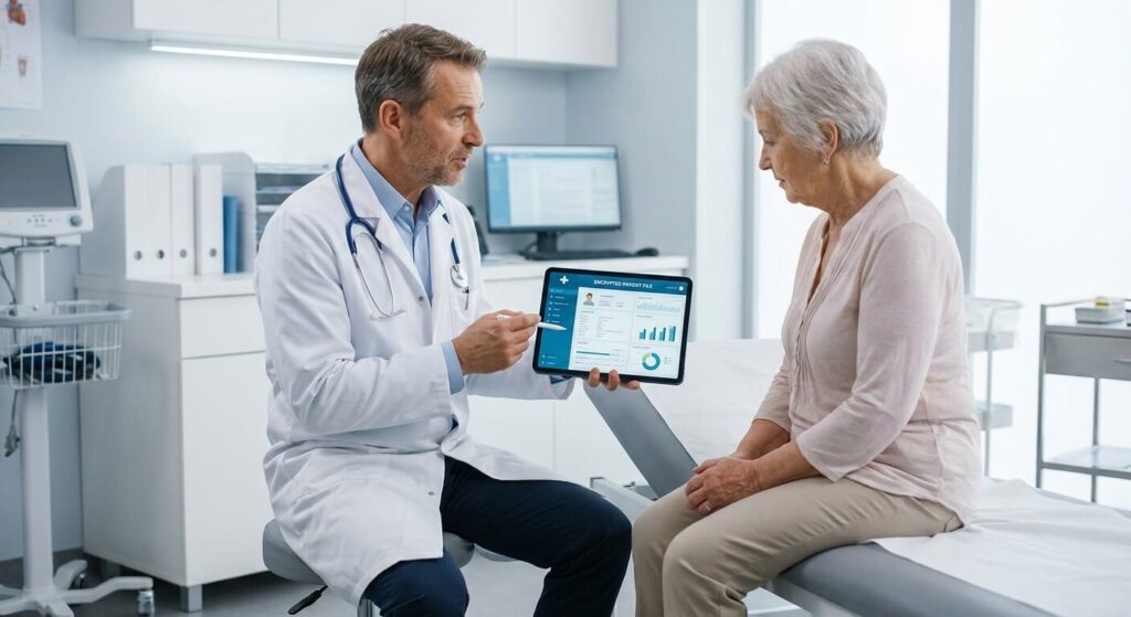 Un professionnel de santé consultant les données médicales sécurisées d'un patient sur une tablette lors d'un examen.