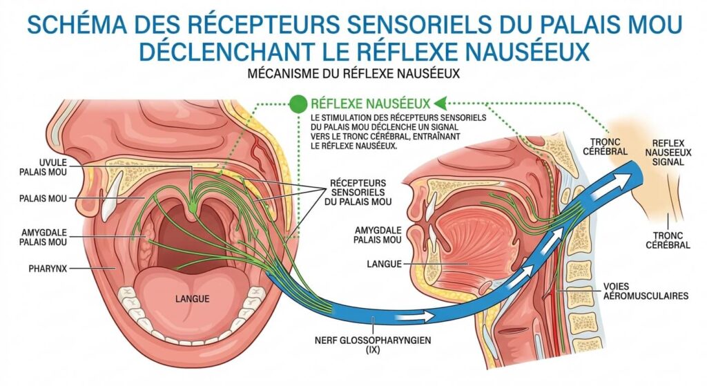 Schéma des récepteurs sensoriels du palais mou déclenchant le réflexe nauséeux.