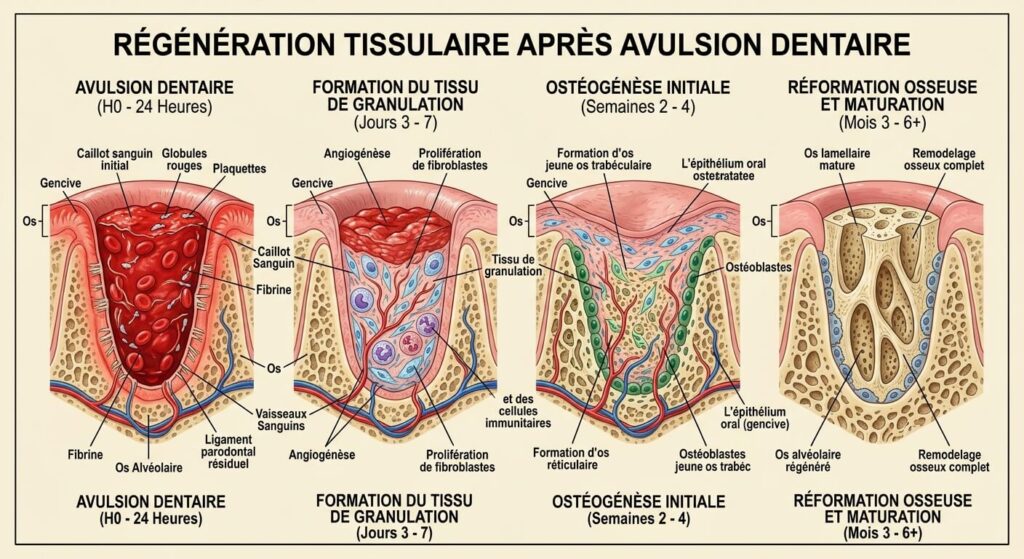 Illustration médicale de la régénération tissulaire après une avulsion dentaire.