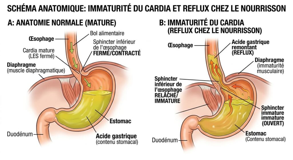 Schéma anatomique montrant l'immaturité du cardia provoquant le reflux chez le nourrisson.