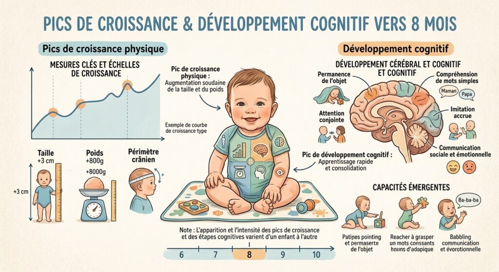 Illustration des pics de croissance et du développement cognitif vers 8 mois.