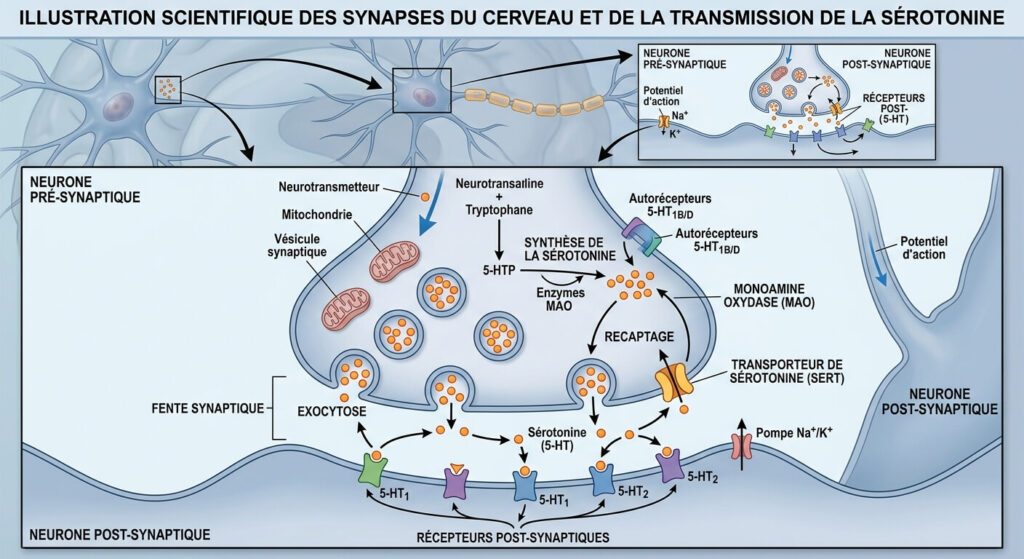 Illustration scientifique des synapses du cerveau et de la transmission de la sérotonine