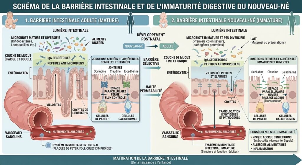 Blédine à 3 mois : peut-on en donner à son bébé ? 3 Schéma de la barrière intestinale et de l'immaturité digestive du nouveau-né.