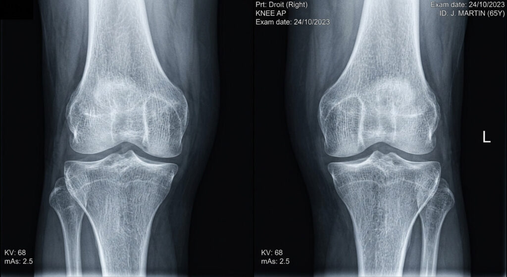 Examen radiographique d'une articulation montrant les détails de la structure et de la densité de l'os.