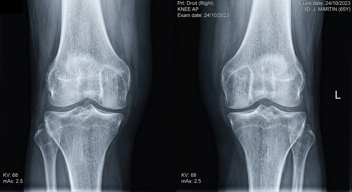 Examen radiographique d'une articulation montrant les détails de la structure et de la densité de l'os.