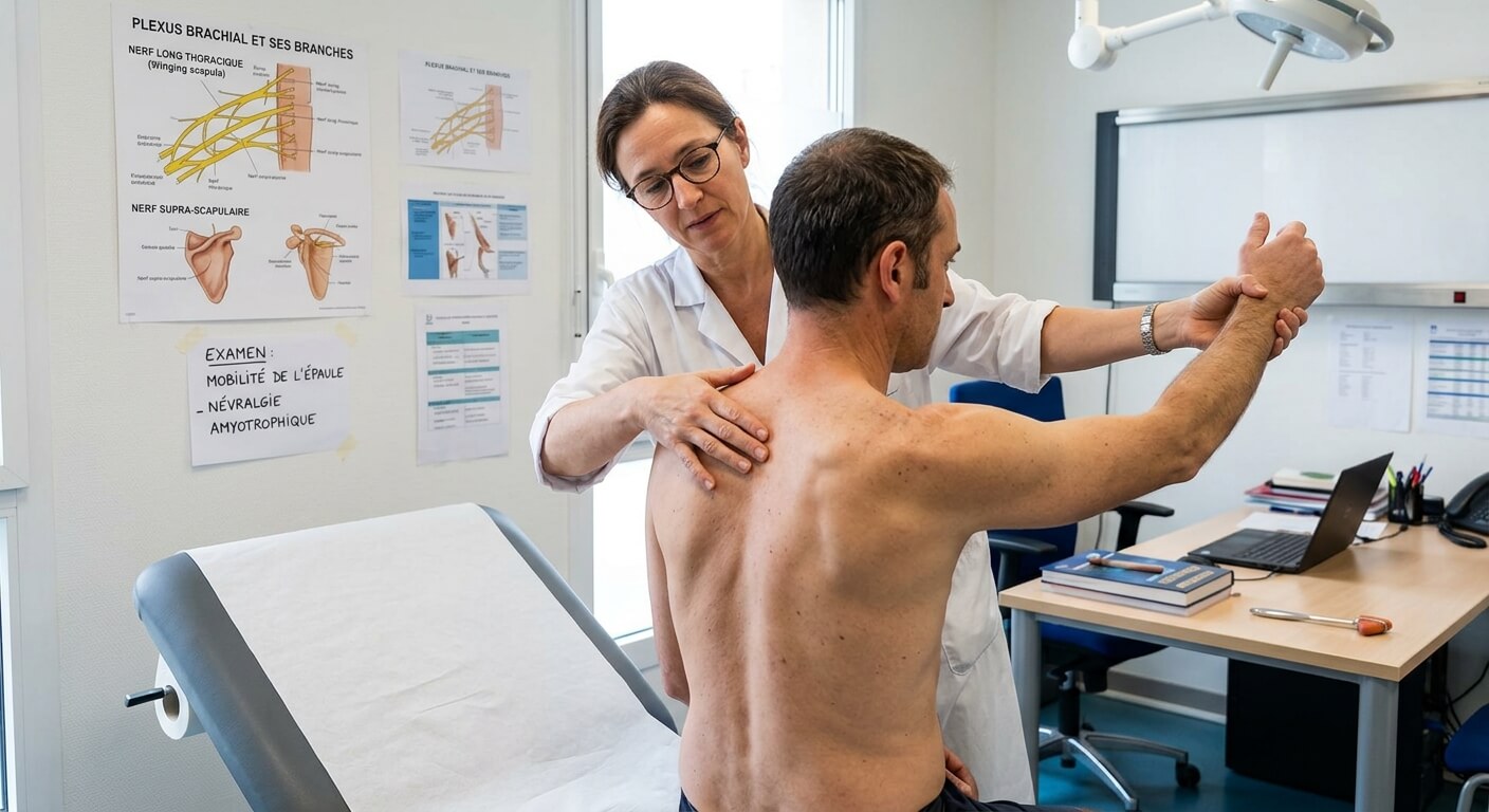 Un neurologue examinant la mobilité de l'épaule d'un patient atteint de névralgie amyotrophique.