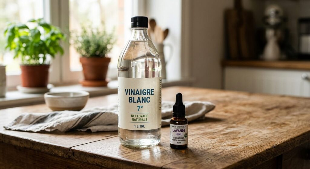 Peut-on tuer la gale avec du vinaigre ? 2 Une bouteille de vinaigre blanc posée sur une table à côté d'un flacon d'huiles essentielles.