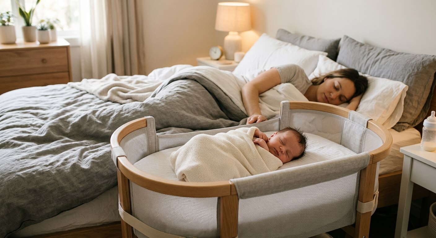 Un nouveau-né qui dort paisiblement dans un berceau de cododo installé juste à côté du grand lit.