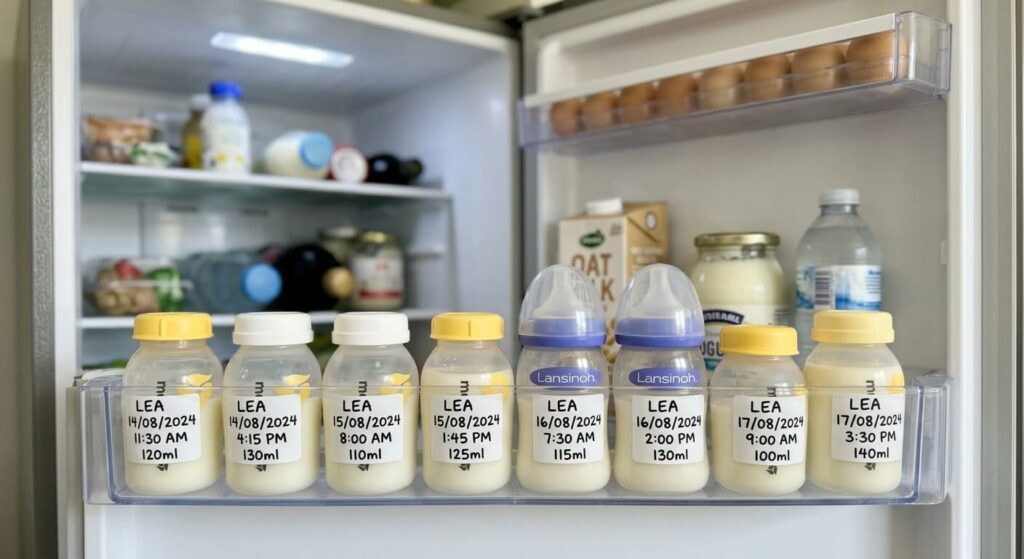 Bébé a bu du lait maternel tourné : faut-il s'inquiéter ? 2 Des flacons de lait maternel correctement étiquetés rangés dans la porte d'un réfrigérateur.