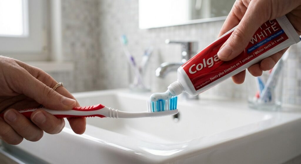 Colgate Optic White sur une brosse à dent