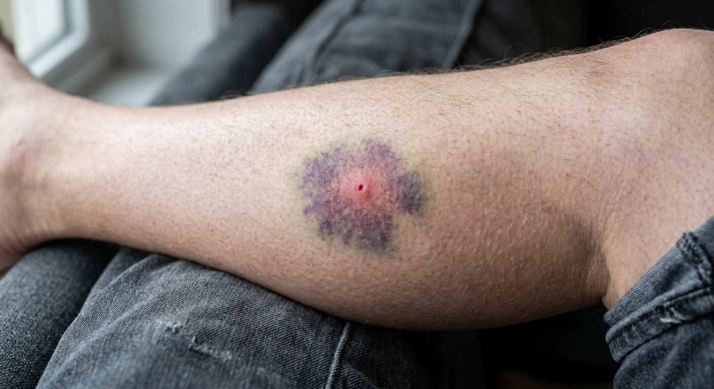 Une ecchymose violacée entourant une petite piqûre de moustique sur la peau d'une jambe.