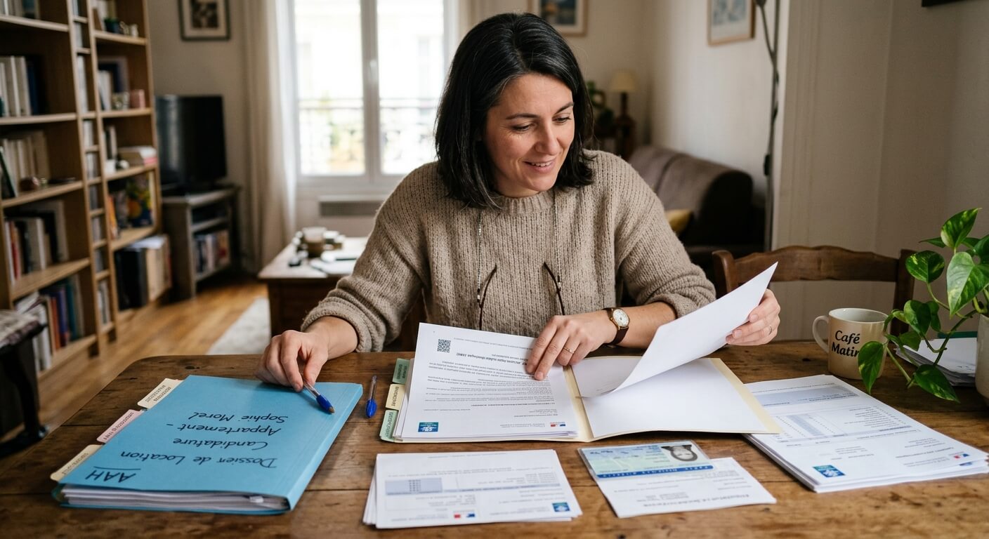 Une personne constituant son dossier de location immobilière avec ses justificatifs de l'AAH.