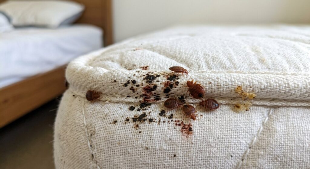 Les punaises de lit : un problème de santé publique à ne pas négliger 2 Traces d'infestation et présence de punaises de lit adultes sur les coutures d'un matelas.