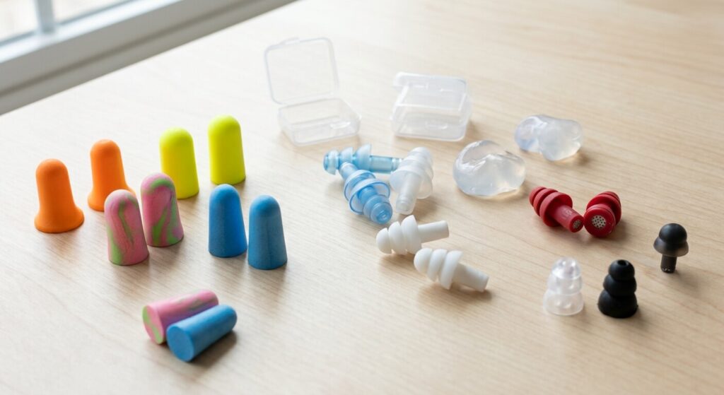 Mettre des Boules Quies avec une otite : risques, dangers et bonnes pratiques 4 Différents types de bouchons d'oreilles en mousse et en silicone posés sur une surface propre.