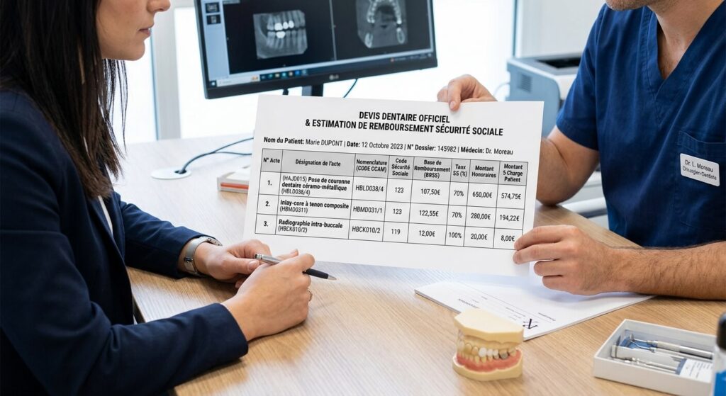 Code CCAM bridge sur implant : tout ce qu'il faut savoir 3 Consultation d'un devis dentaire officiel affichant la nomenclature et les codes de remboursement de la Sécurité sociale.
