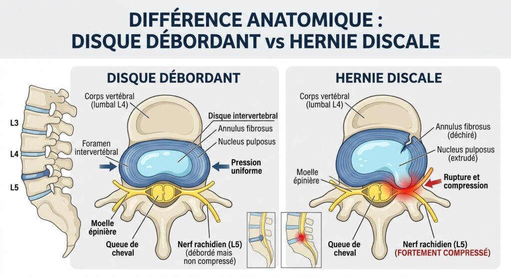 Schéma médical montrant la différence anatomique entre un disque intervertébral qui déborde et une hernie.