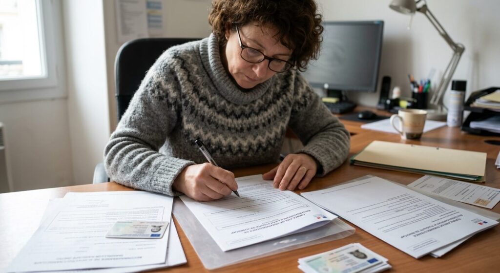 Remplissage des formulaires officiels de demande de reconnaissance de handicap sur un bureau.