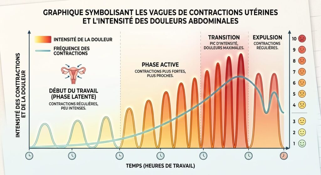 Douleur IVG vs accouchement : peut-on vraiment les comparer ? 3 Graphique ou illustration symbolisant les vagues de contractions utérines et l'intensité des douleurs abdominales.