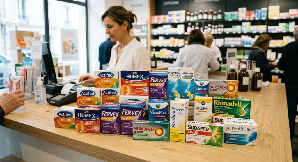 Pivalone ou Rhinotrophyl : quel spray choisir ? 4 Différentes boîtes de traitements pour le rhume et les affections nasales posées sur le comptoir d'une officine.