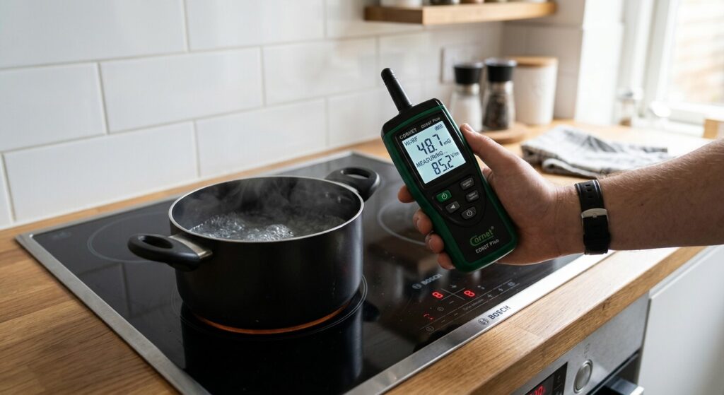 Un appareil de mesure mesurant le rayonnement d'un champ électromagnétique à proximité d'une table de cuisson.