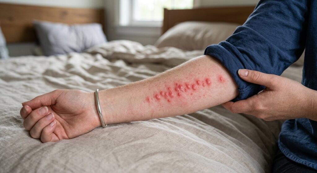 Les punaises de lit : un problème de santé publique à ne pas négliger 3 Piqûres alignées caractéristiques de punaises de lit sur le bras d'une personne, illustrant le problème de santé.