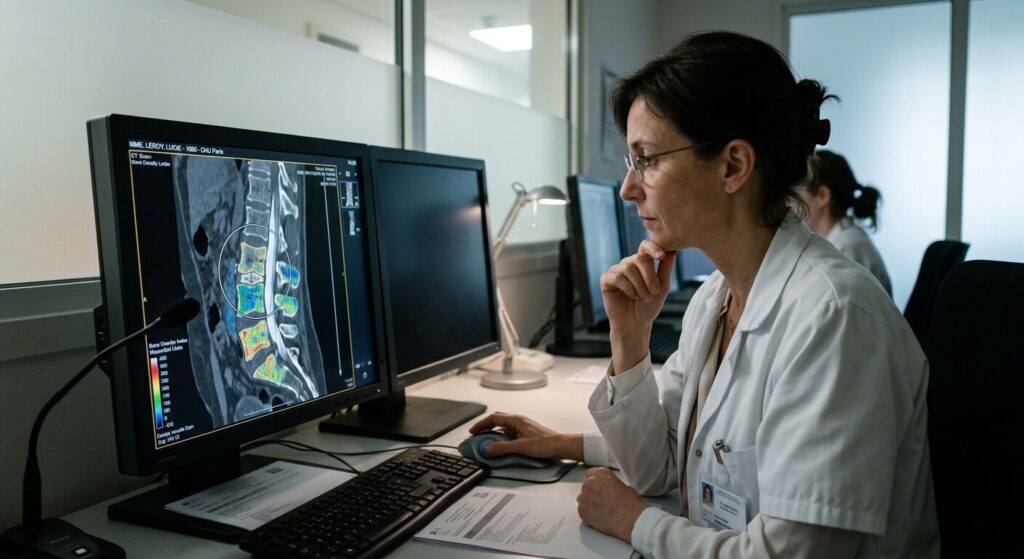 Médecin radiologue analysant les variations de densité d'une structure osseuse sur un écran de scanner.