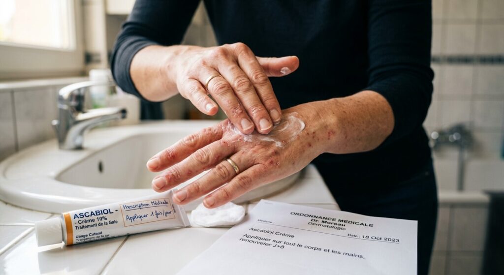 Peut-on tuer la gale avec du vinaigre ? 3 Application d'une crème dermatologique prescrite par un médecin sur les mains pour soigner la gale.