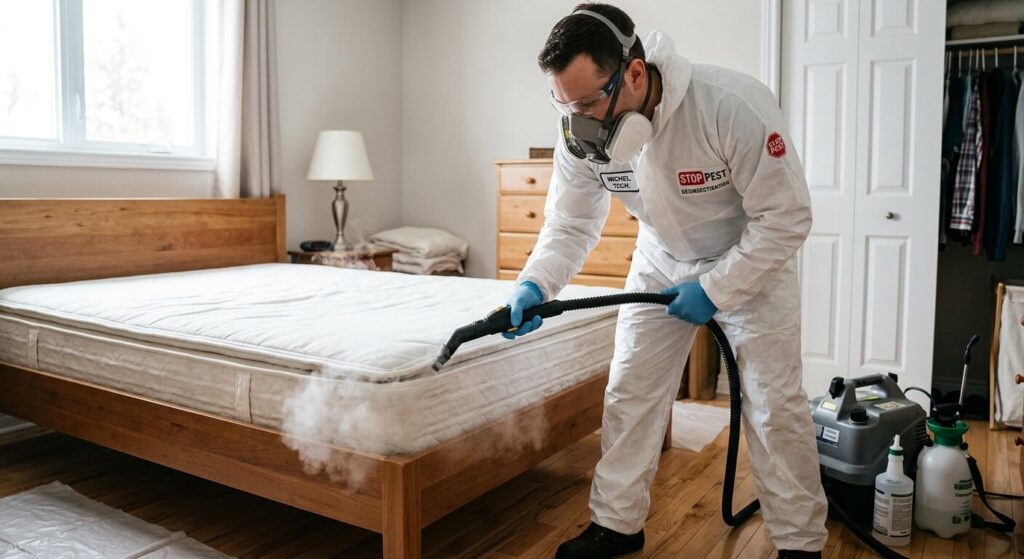 Les punaises de lit : un problème de santé publique à ne pas négliger 4 Un technicien en désinsectisation appliquant un traitement thermique ou chimique pour éliminer les nuisibles dans une chambre.