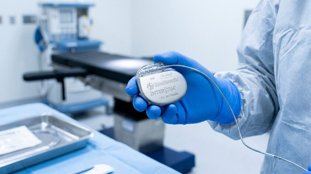 Neuromodulation des racines sacrées : fonctionnement, test et témoignages 2 Un boîtier de neuromodulation des racines sacrées tenu en main avant implantation.