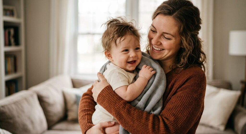 Un nourrisson aux cheveux ébouriffés souriant dans les bras de sa mère.