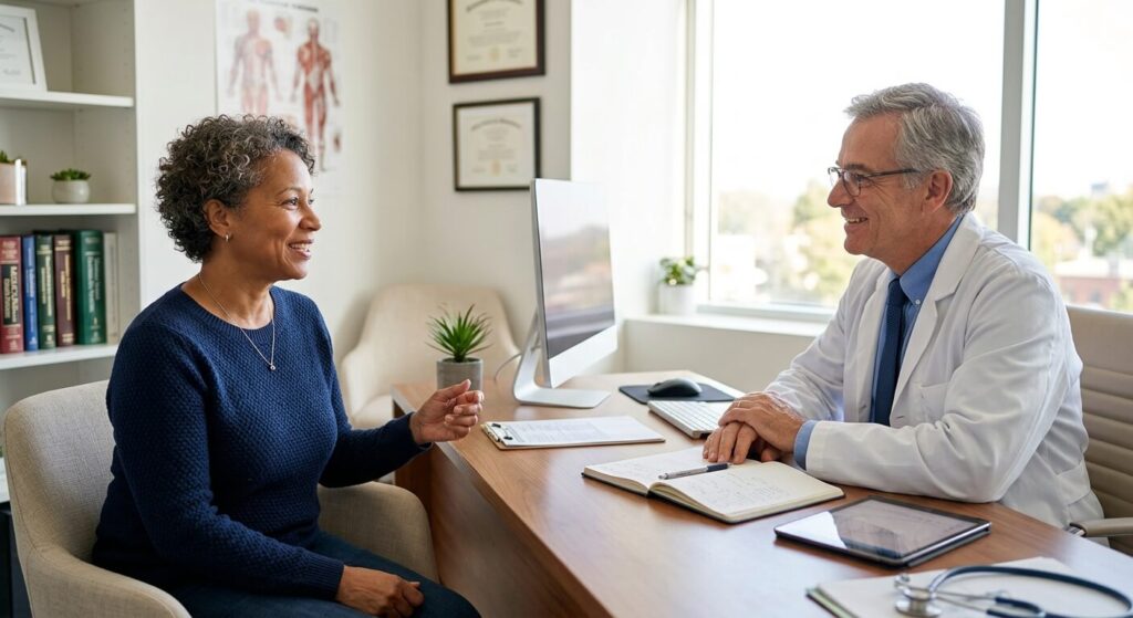 Metoject et prise de poids : quel est le lien réel ? 3 Une patiente discutant tranquillement avec son médecin spécialiste dans un bureau médical bien éclairé.