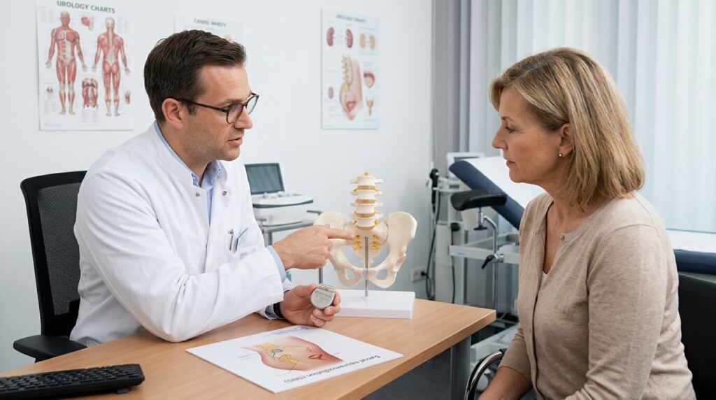 Neuromodulation des racines sacrées : fonctionnement, test et témoignages 3 Un urologue expliquant le déroulement de la neuromodulation à une patiente.