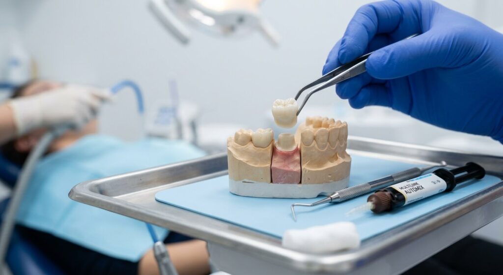 Poser une couronne sur une dent vivante : avis, avantages et risques 2 Une prothèse de couronne dentaire en céramique prête à être posée par le chirurgien-dentiste.