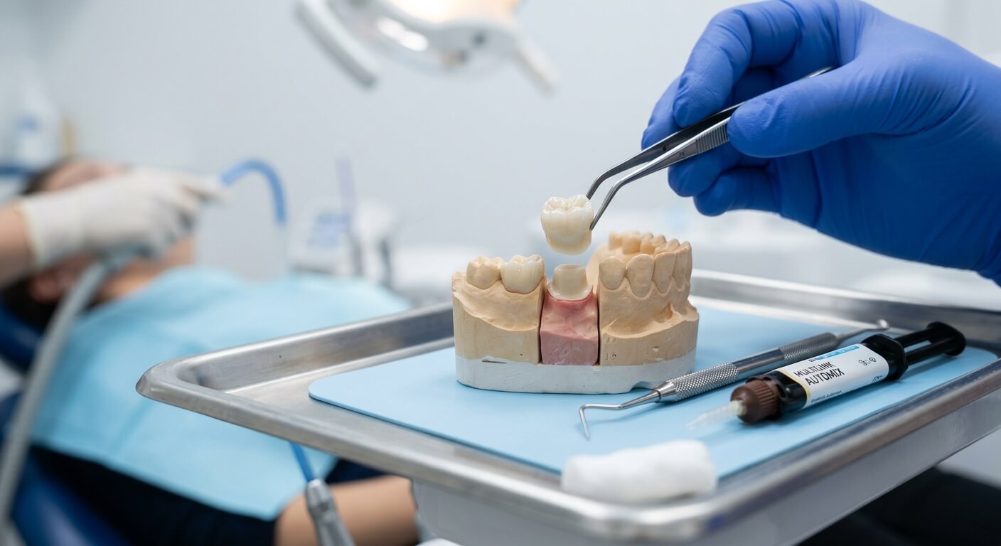 Une prothèse de couronne dentaire en céramique prête à être posée par le chirurgien-dentiste.