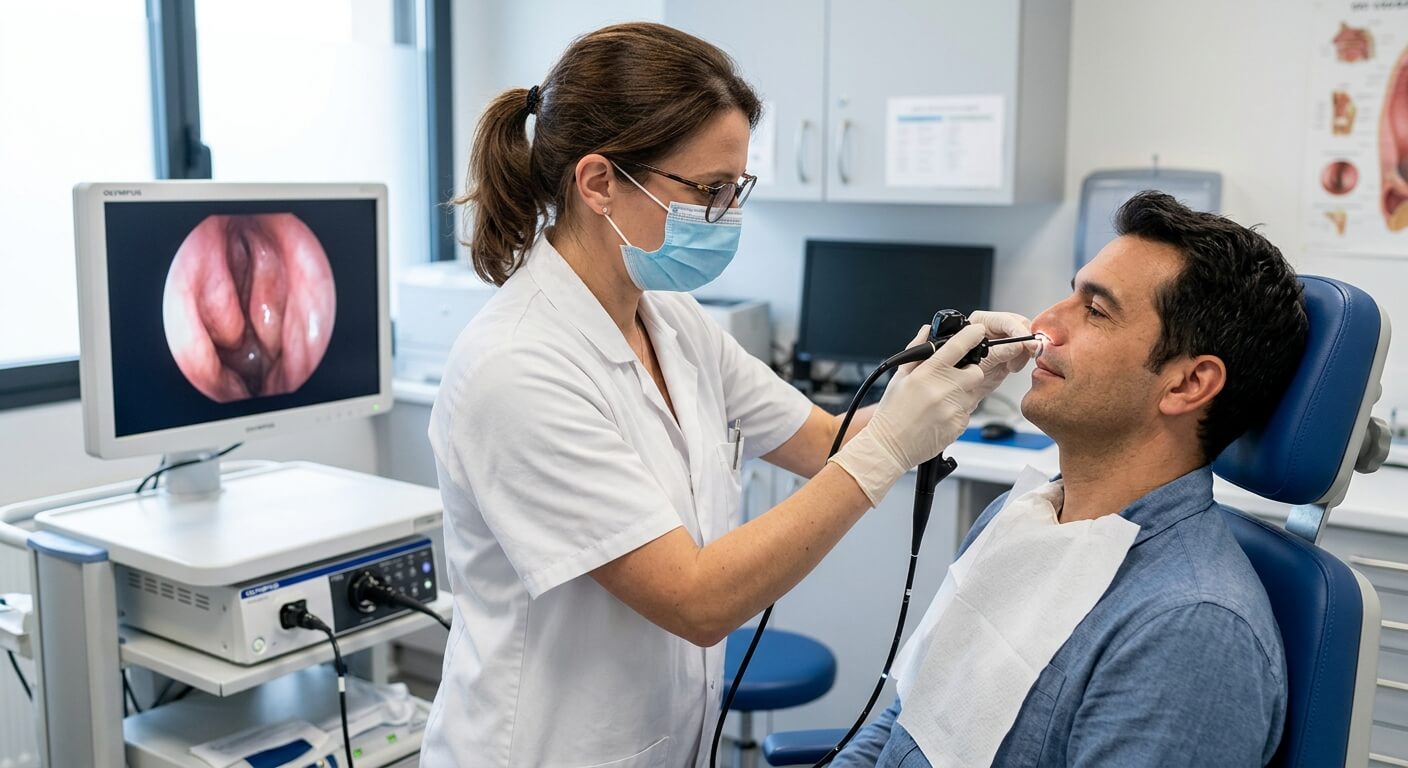 Un médecin ORL pratiquant une nasofibroscopie à l'aide d'un endoscope souple.