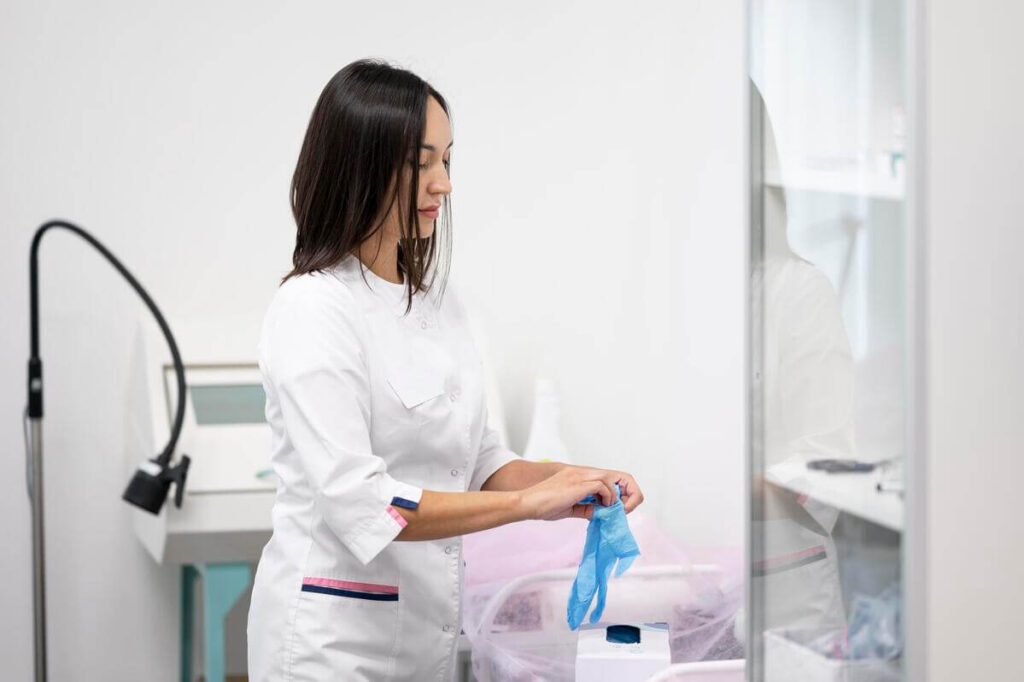 Normacol sur sonde : protocole de soin et précautions 2 Une infirmière en blouse préparant du matériel médical stérile dans un chariot de soins.