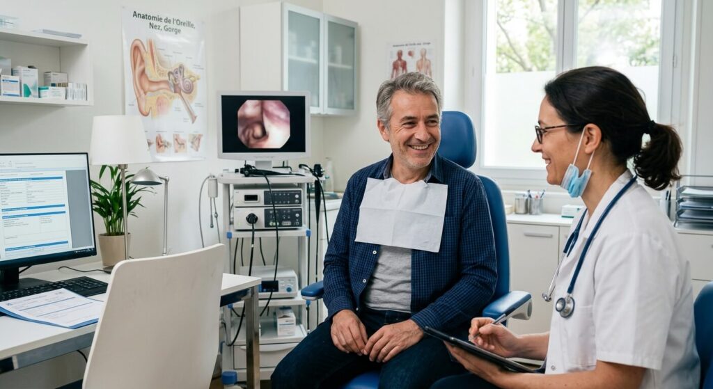Un patient souriant lors d'une consultation ORL après un examen des voies aériennes.
