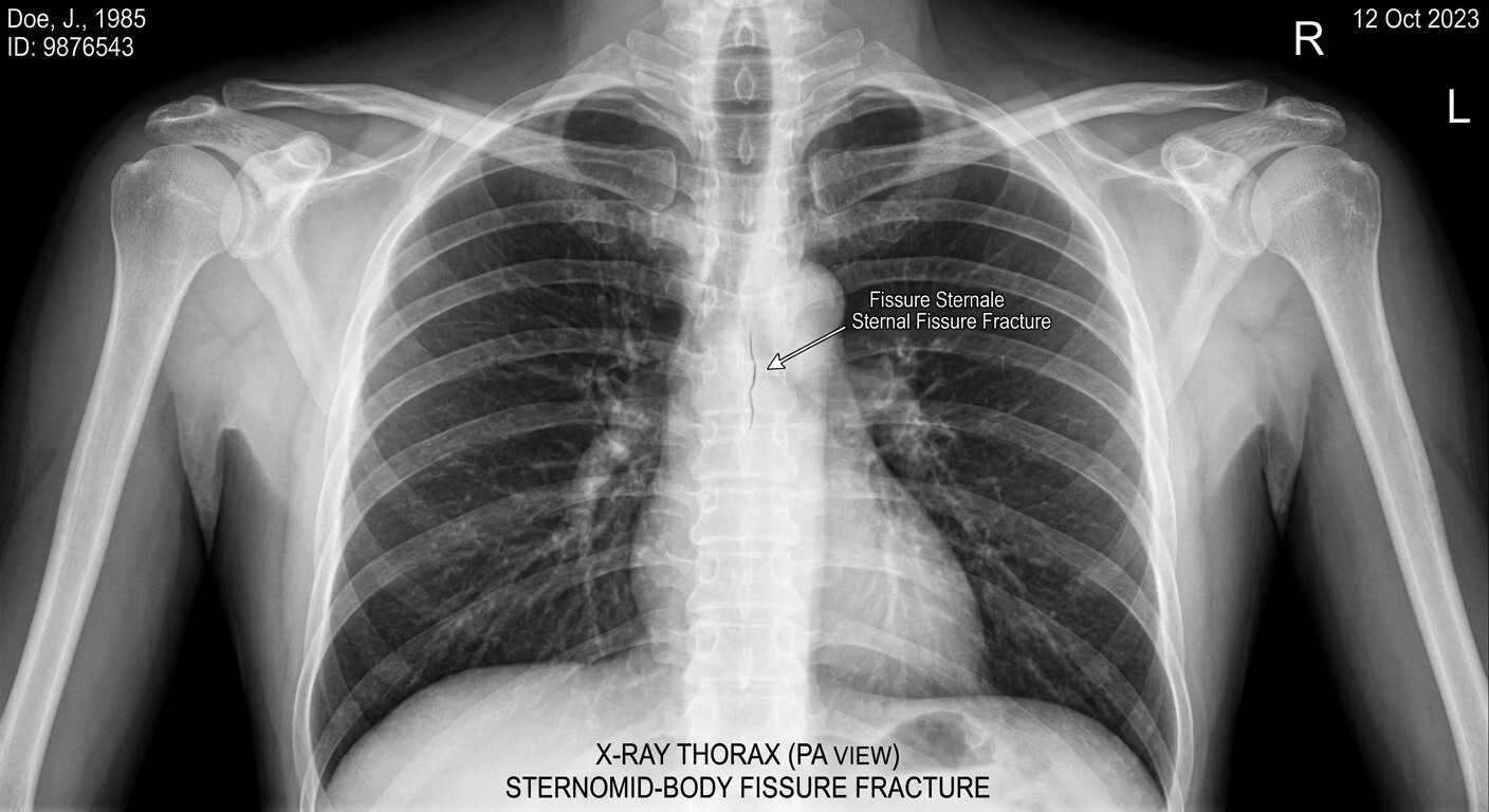 Une radiographie du thorax mettant en évidence une fissure osseuse au niveau du sternum.