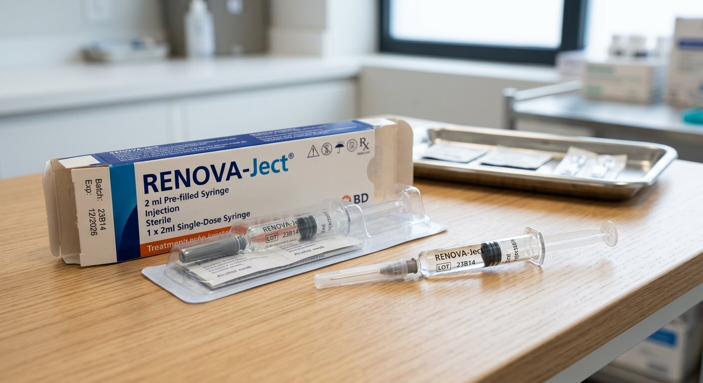 Une boîte de traitement médical injectable avec une seringue préremplie prête à l'emploi.