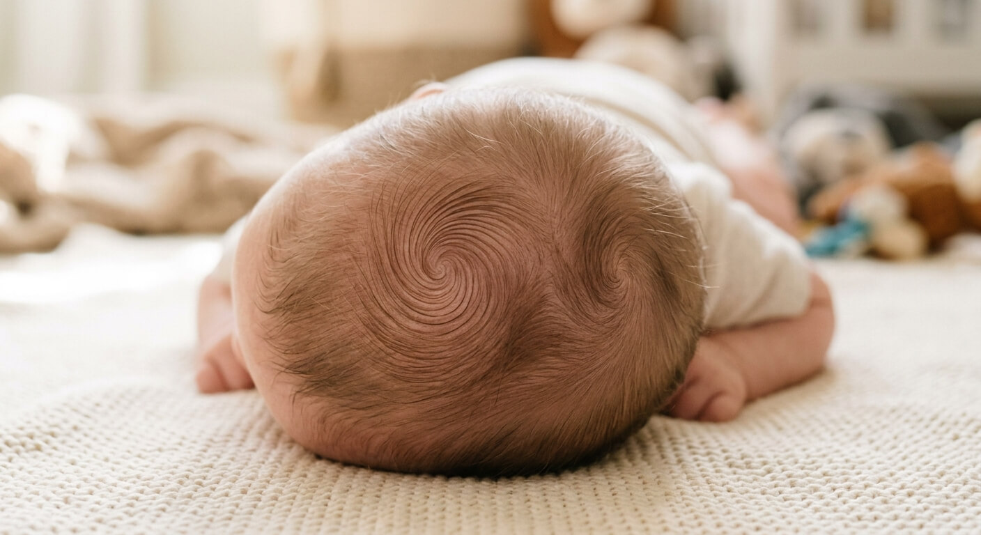 Le sommet du crâne d'un bébé montrant deux tourbillons de cheveux distincts.