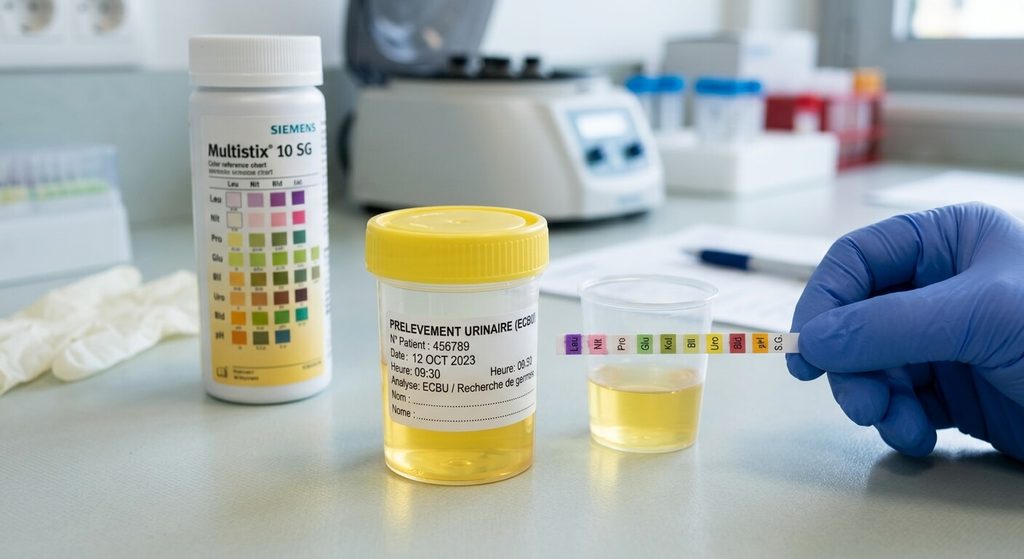 Bandelette urinaire et flacon d'analyse ECBU pour vérifier la présence de bactéries.