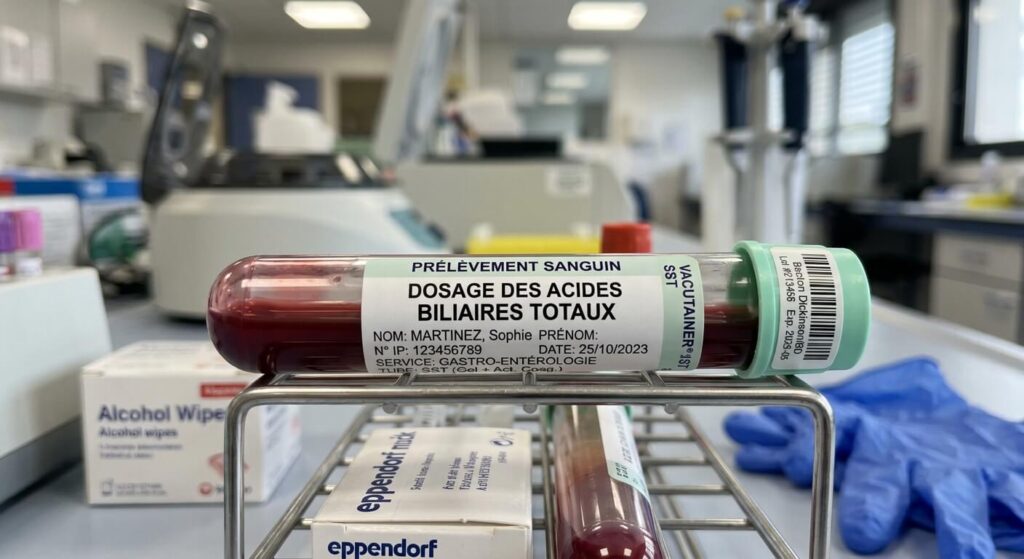 Tube de prélèvement sanguin étiqueté pour le dosage des acides biliaires totaux.