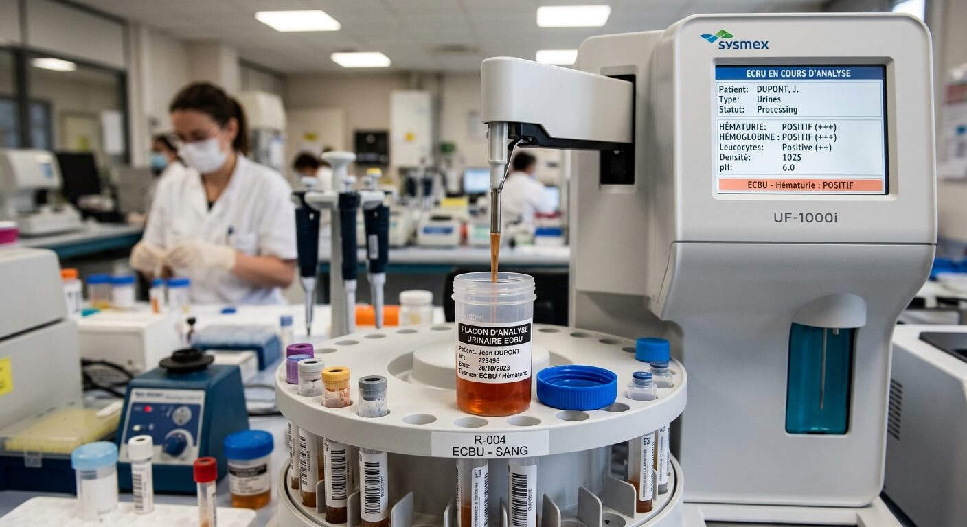 Flacon d'analyse urinaire ECBU en cours d'analyse biologique pour hématurie.