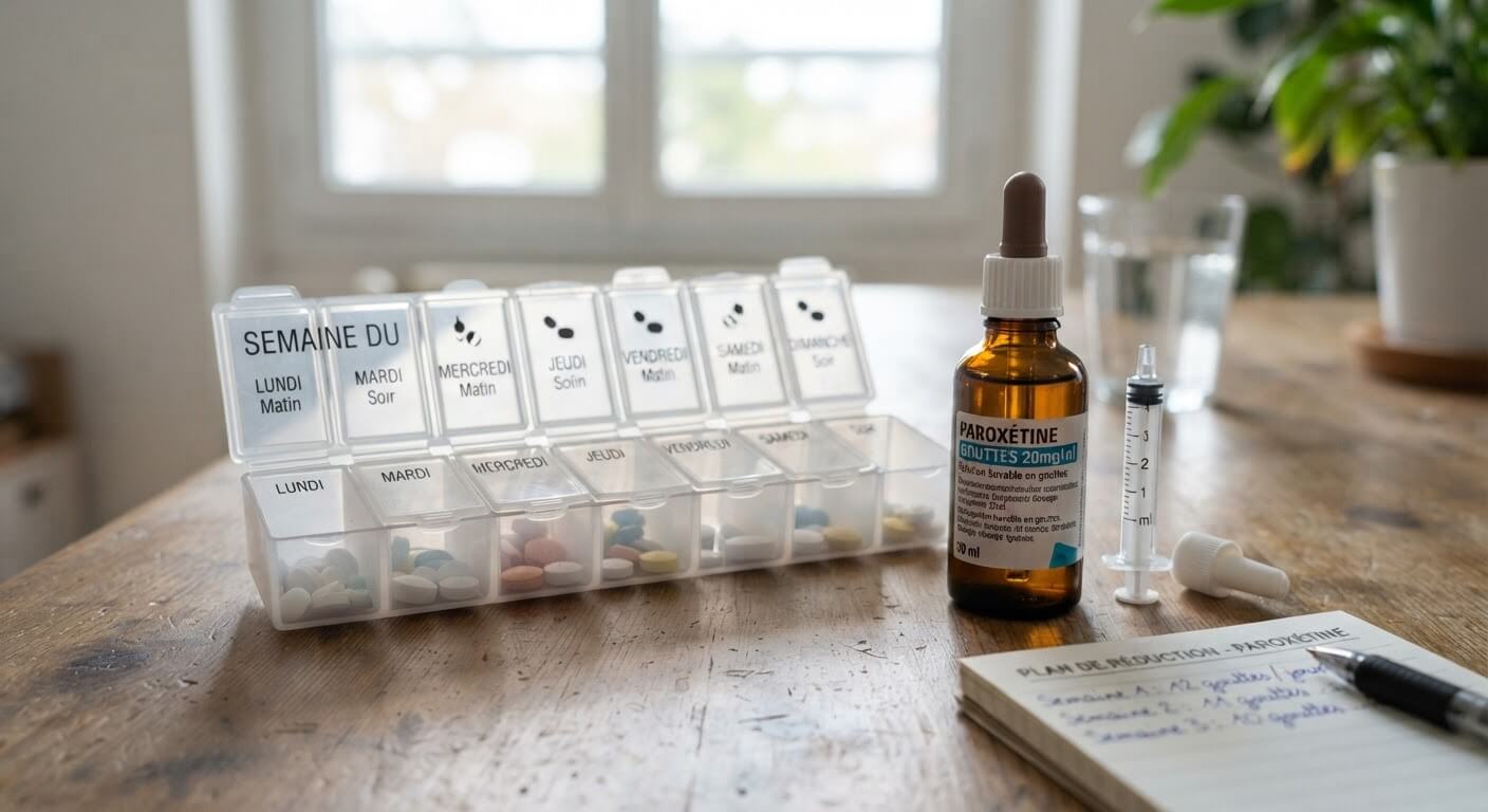 Pilulier et flacon de paroxétine buvable en gouttes pour planifier une diminution très lente.