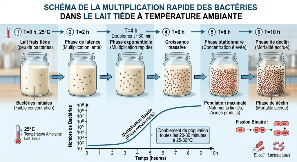Donner un biberon de plus d'une heure : quels sont les risques réels ? 4 Schéma illustrant la multiplication rapide des bactéries dans le lait tiède à température ambiante.