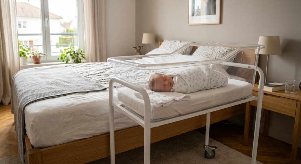 Location de berceau en maternité : quel remboursement possible ? 2 Berceau transparent à roulettes type maternité installé près du lit des parents.