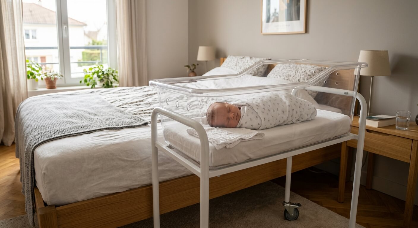 Berceau transparent à roulettes type maternité installé près du lit des parents.