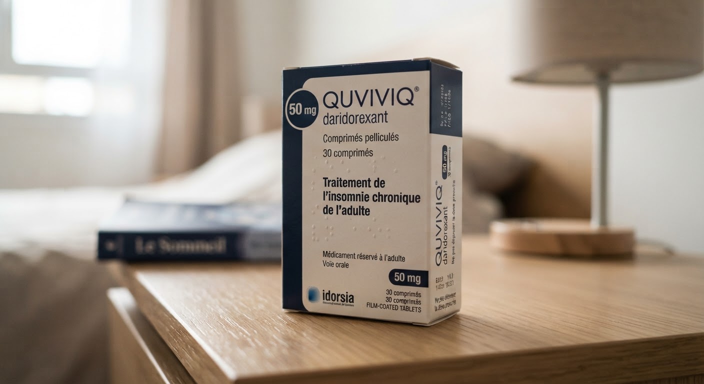 Boîte de Quviviq 50 mg pour le traitement de l'insomnie chronique de l'adulte.