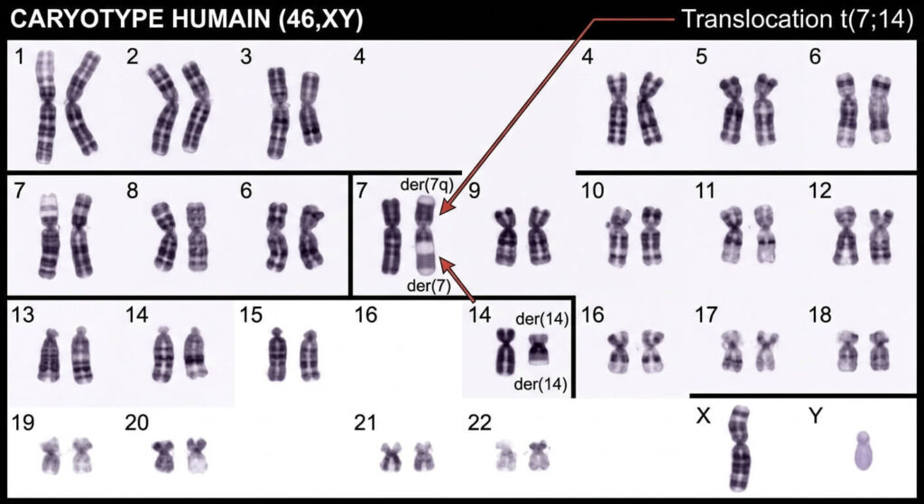 Caryotype génétique complet montrant un échange de segments entre deux chromosomes.